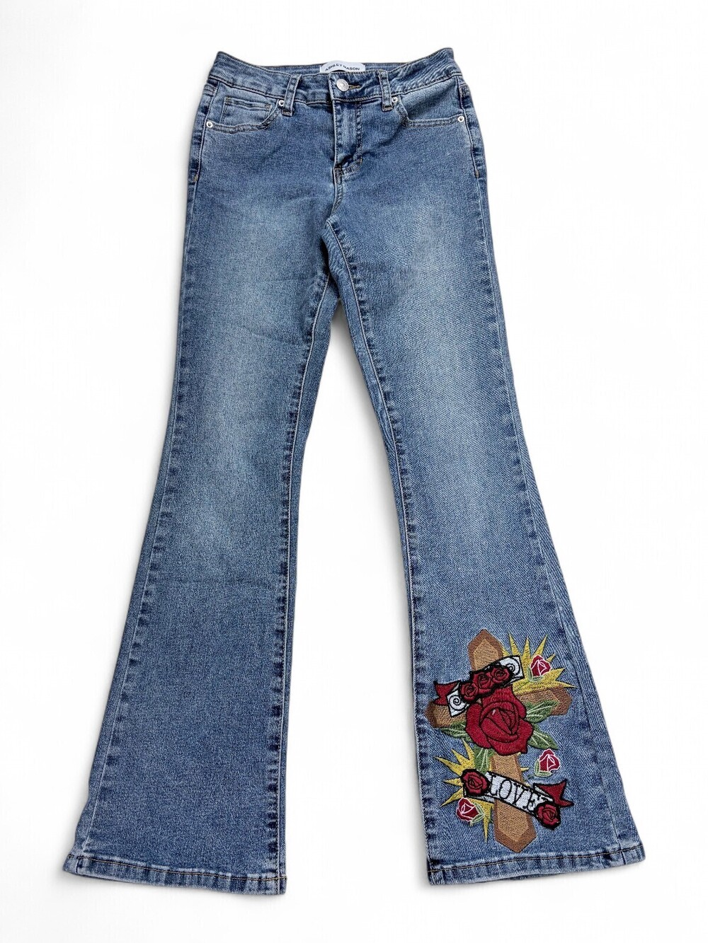 Ashley Mason Womens Flare Jeans Blue Embroidered Rose Cross Size 0 Medium Wash